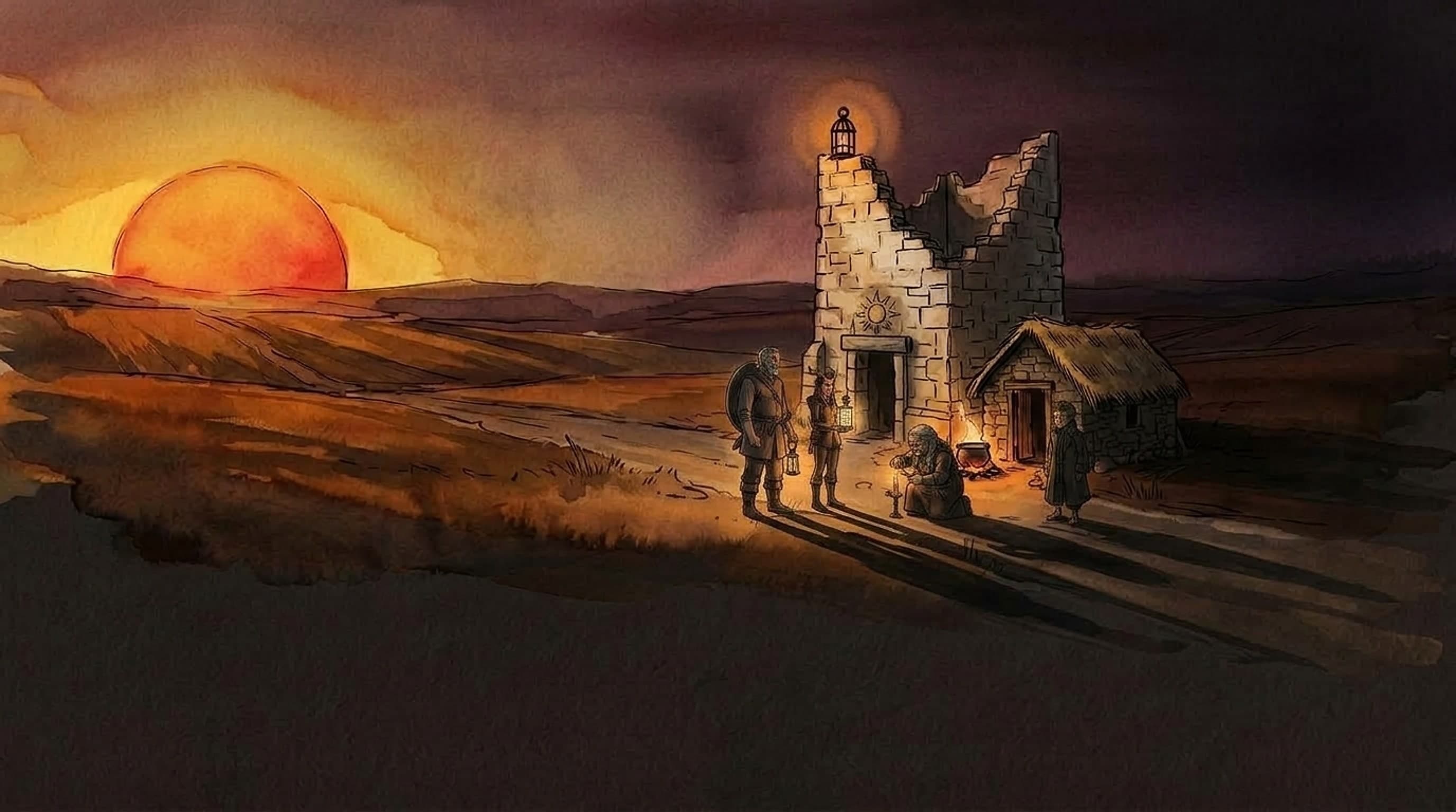 Four travellers on the worn steps of a broken stone tower, a lamp burning in an iron cage at its top, a small stone hut at its foot, the sun low and red behind them.