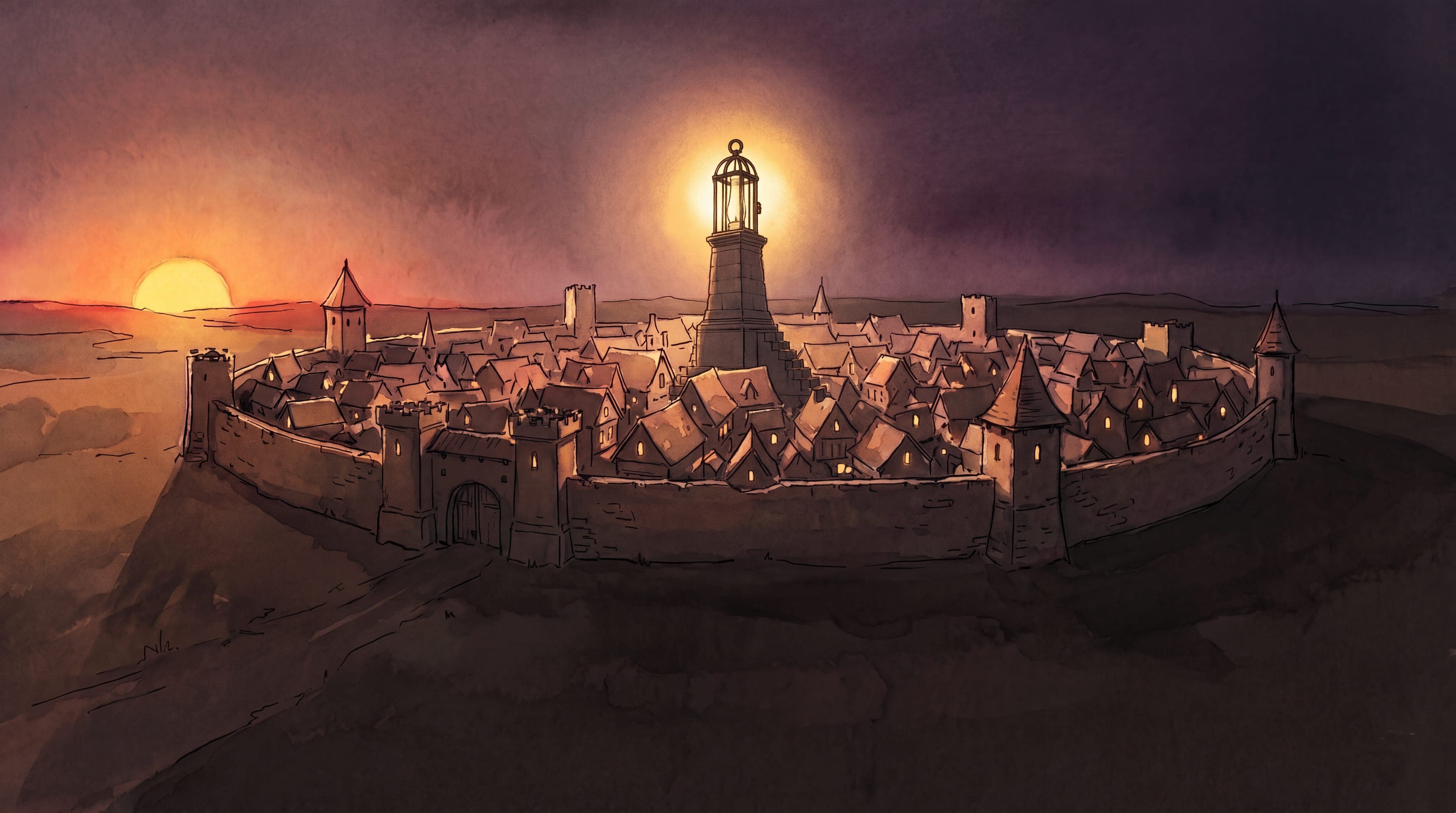 A walled town at dusk, one great lamp still burning high above its roofs.